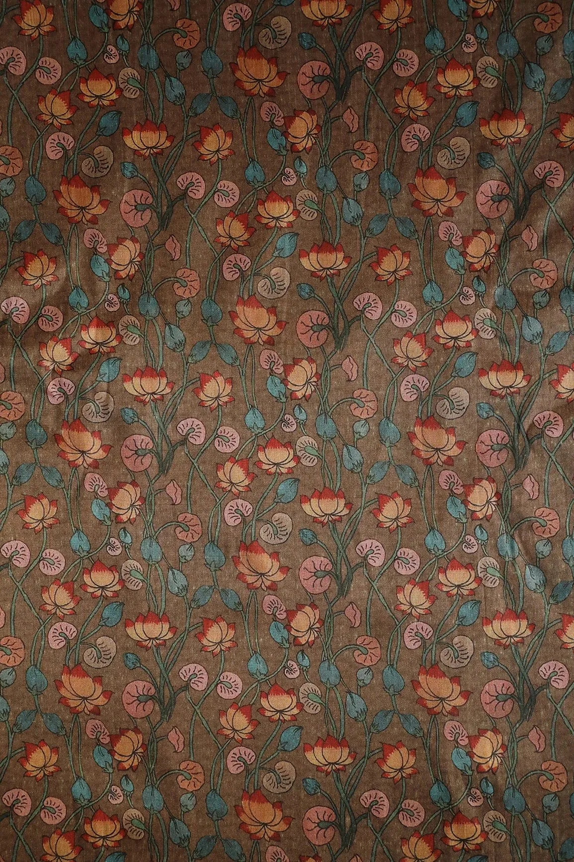 Brown Floral Pattern Digital Print On Mulberry Silk Fabric