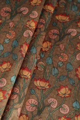 Brown Floral Pattern Digital Print On Mulberry Silk Fabric