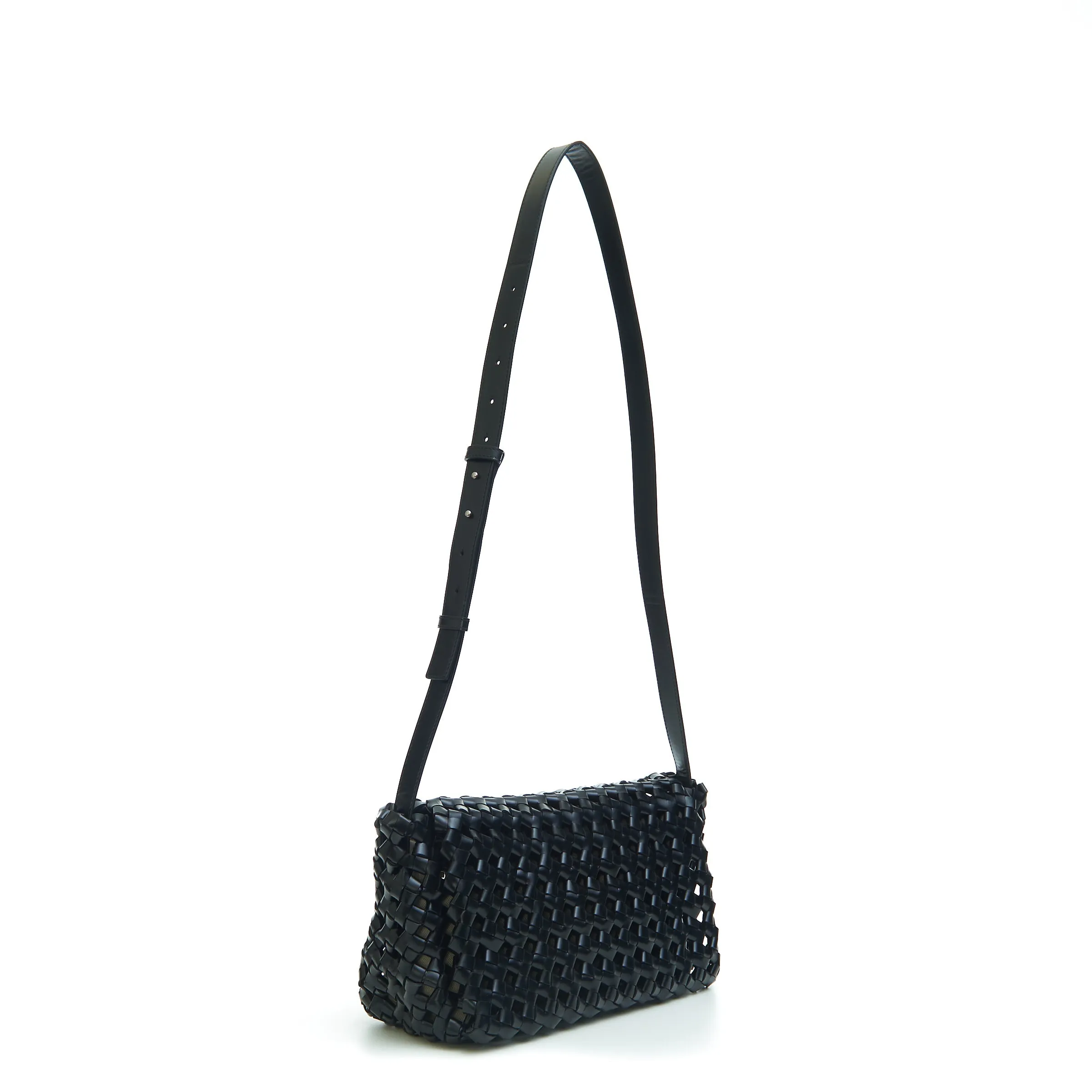 BV WINDOW Crossbody Bag in Black Woven Crochet Leather