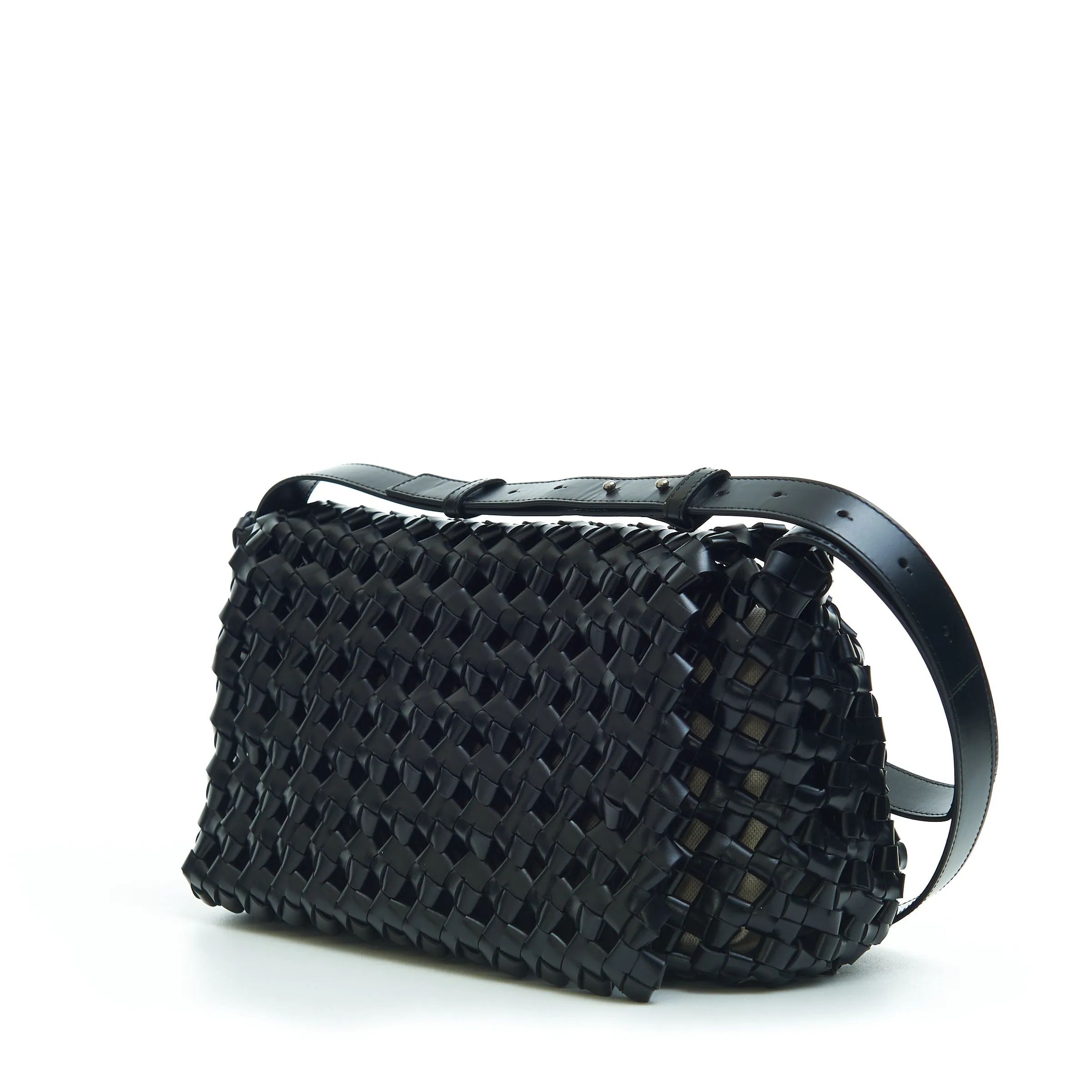 BV WINDOW Crossbody Bag in Black Woven Crochet Leather