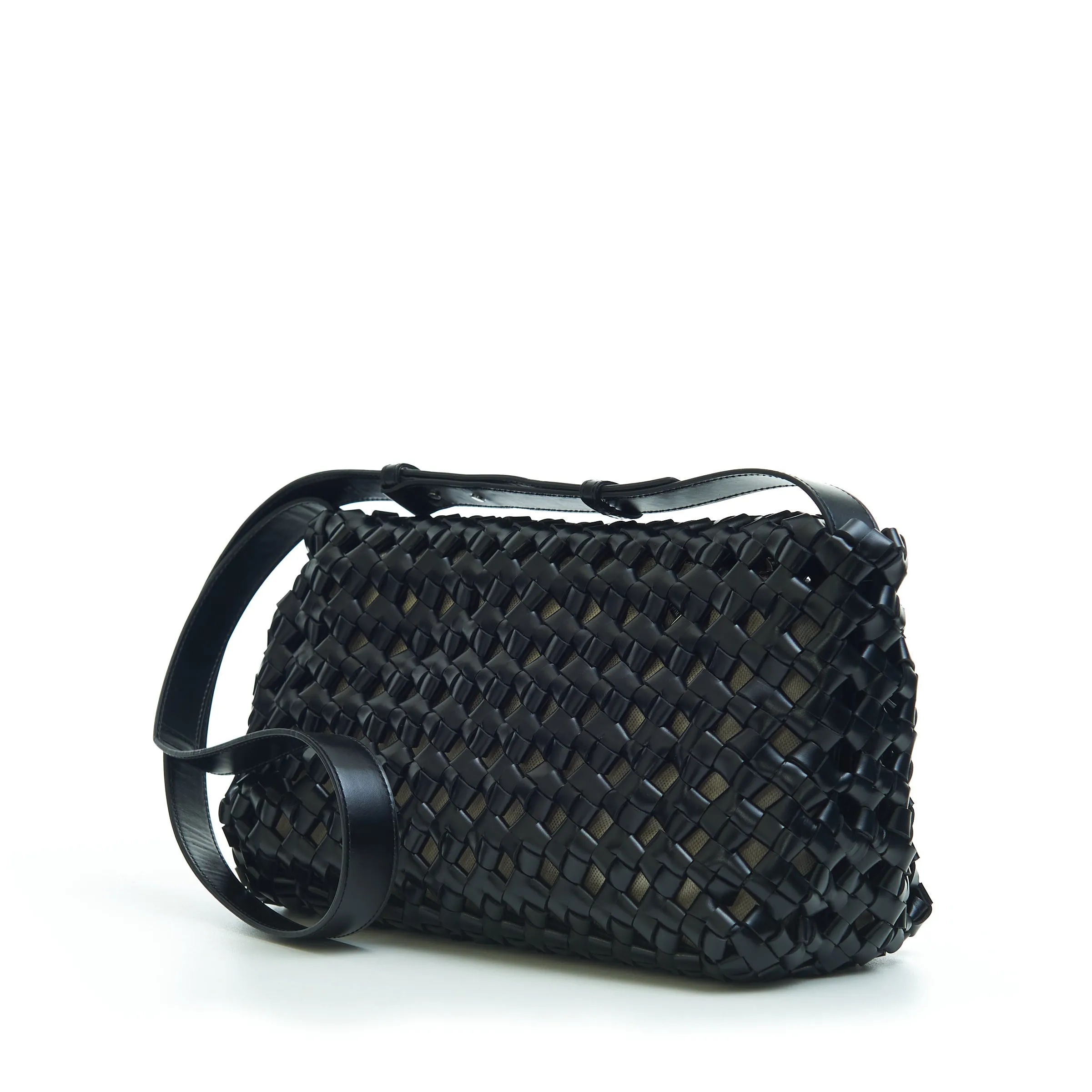 BV WINDOW Crossbody Bag in Black Woven Crochet Leather