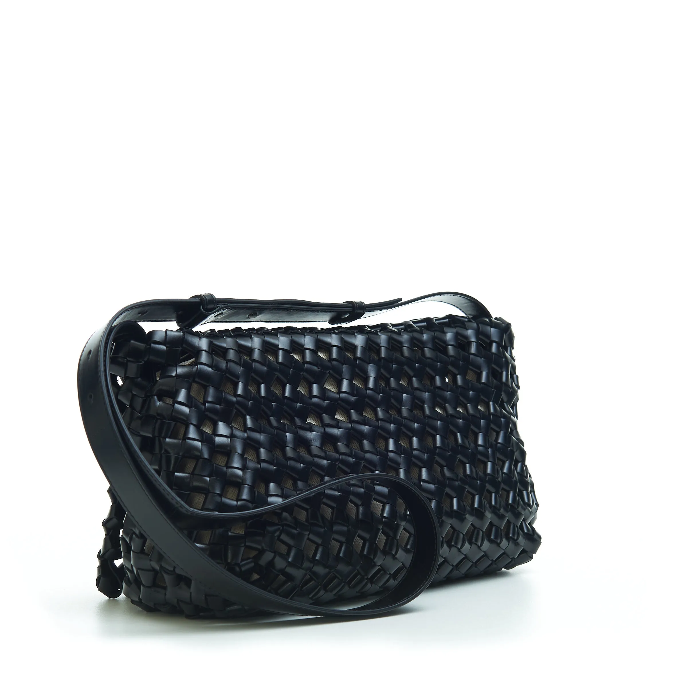 BV WINDOW Crossbody Bag in Black Woven Crochet Leather