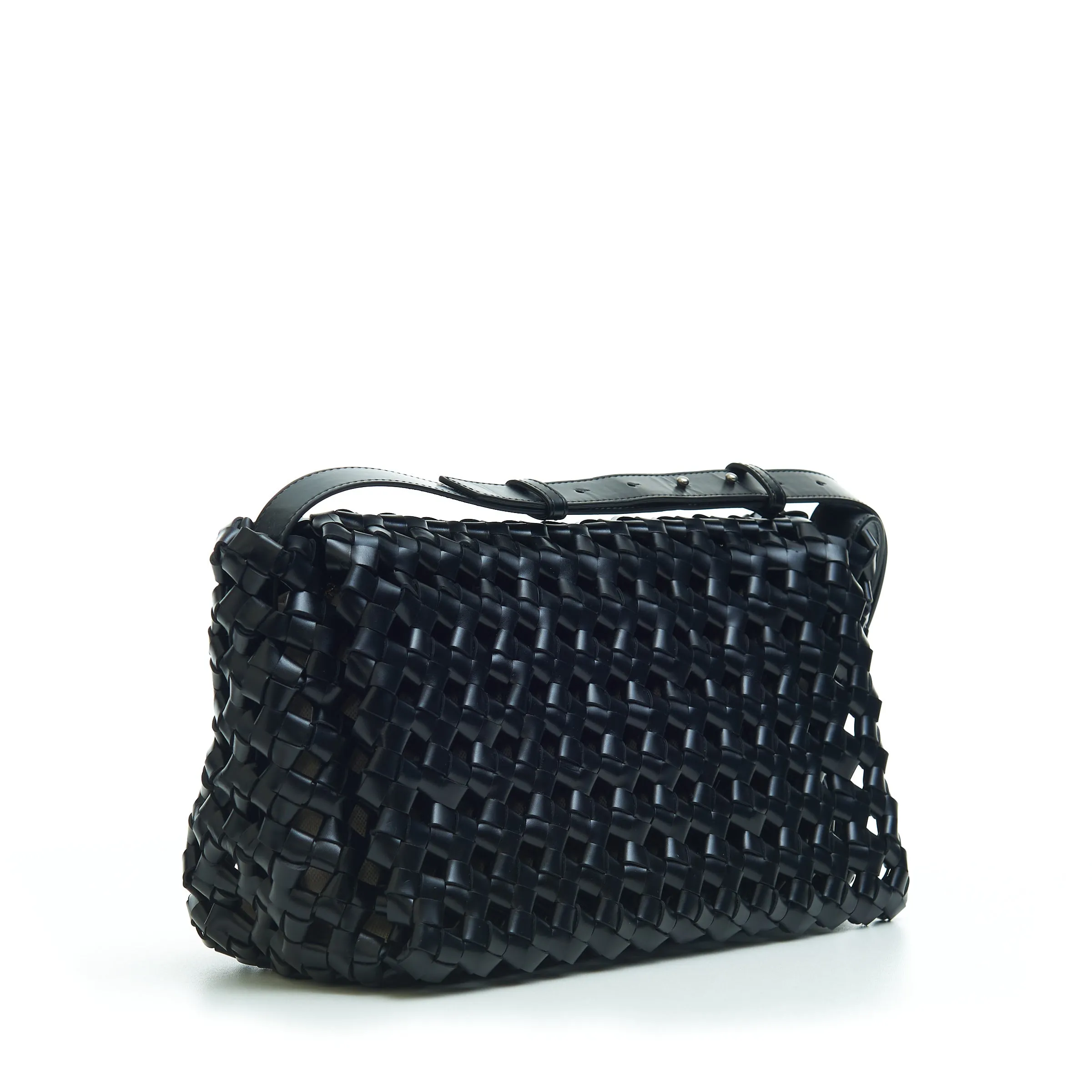 BV WINDOW Crossbody Bag in Black Woven Crochet Leather