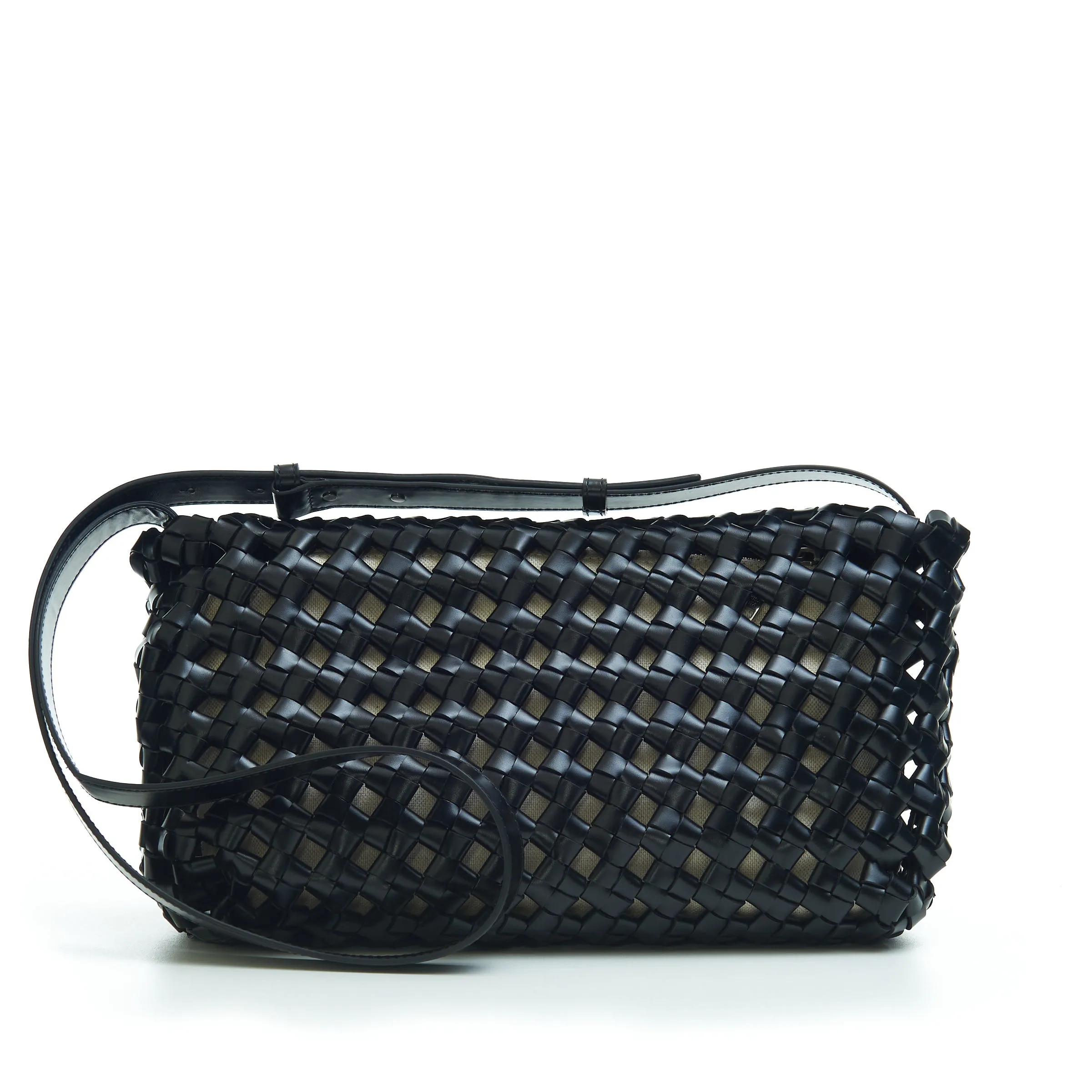 BV WINDOW Crossbody Bag in Black Woven Crochet Leather