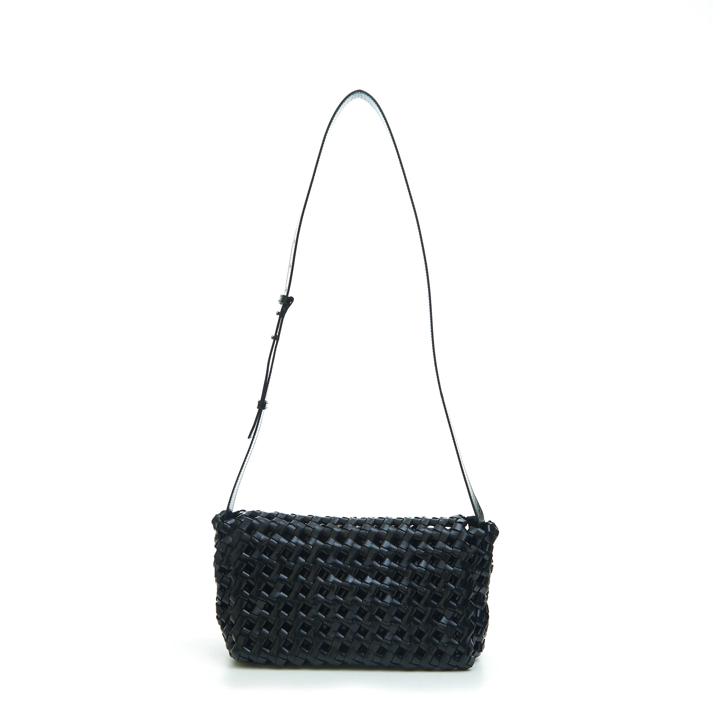 BV WINDOW Crossbody Bag in Black Woven Crochet Leather