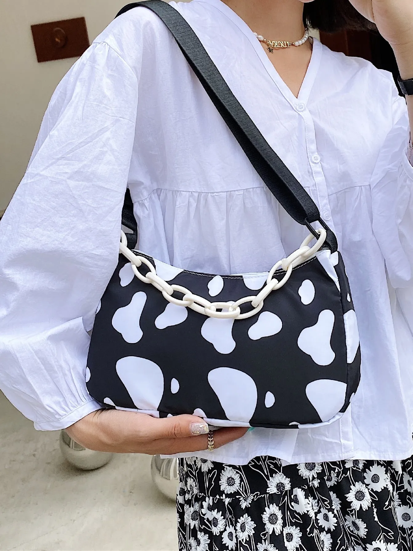 Cow Print Chain Satchel Bag