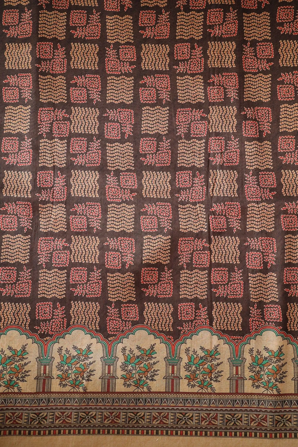 Dark Brown Geometric Pattern Digital Print On Mulberry Silk Fabric With Border