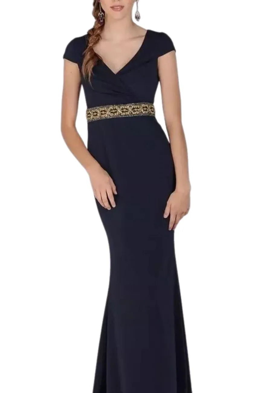 Dark Navy with Gold Beaded Belt Crepe Gown (US 4)