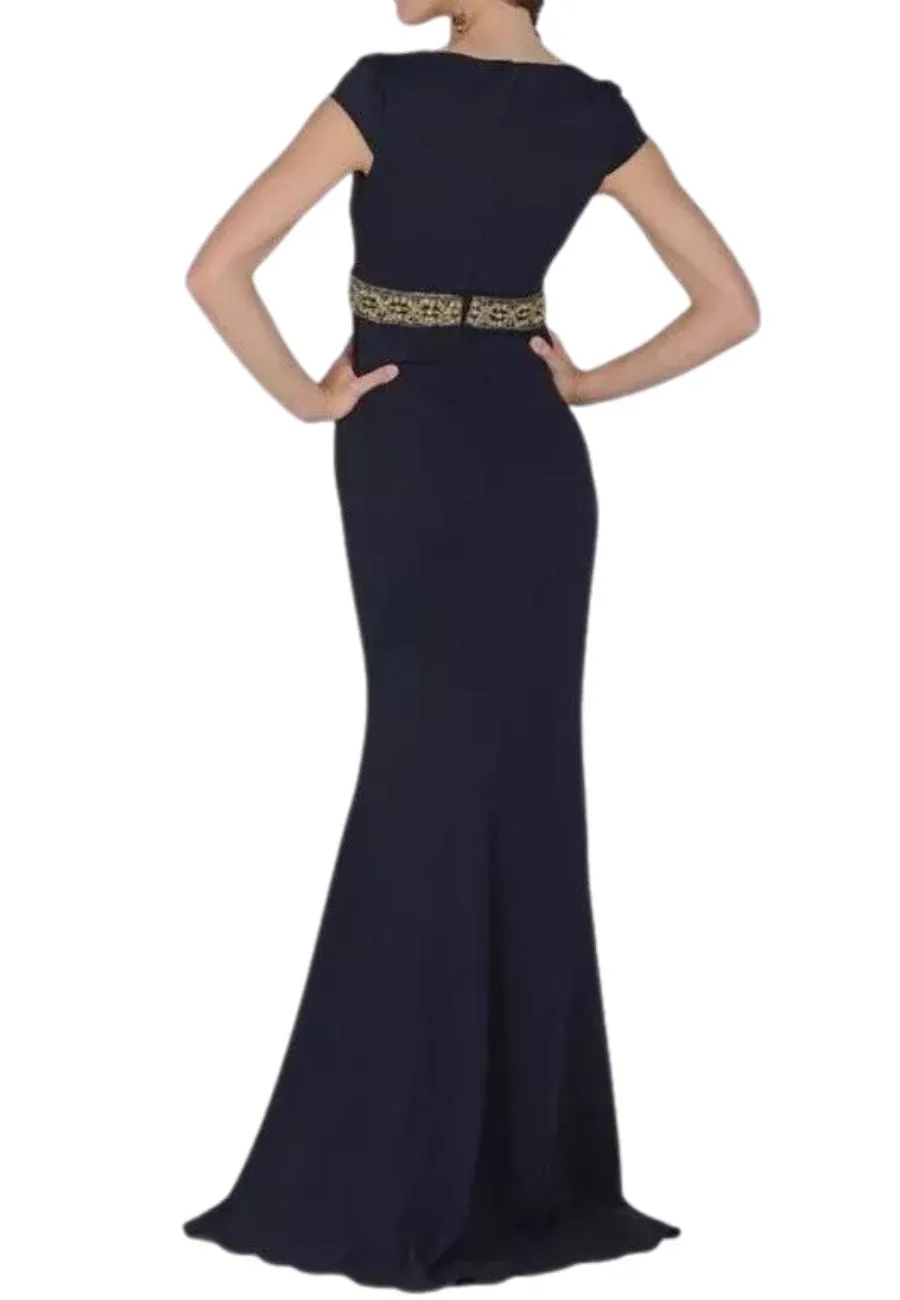 Dark Navy with Gold Beaded Belt Crepe Gown (US 4)