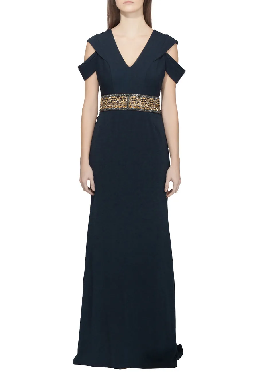 Dark Navy with Gold Beaded Belt Crepe Gown (US 6)