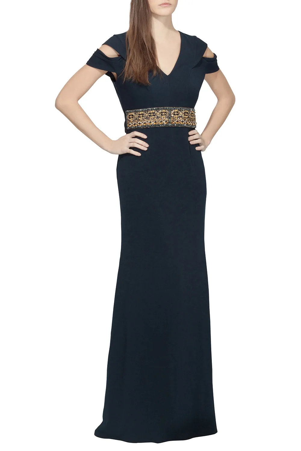 Dark Navy with Gold Beaded Belt Crepe Gown (US 6)