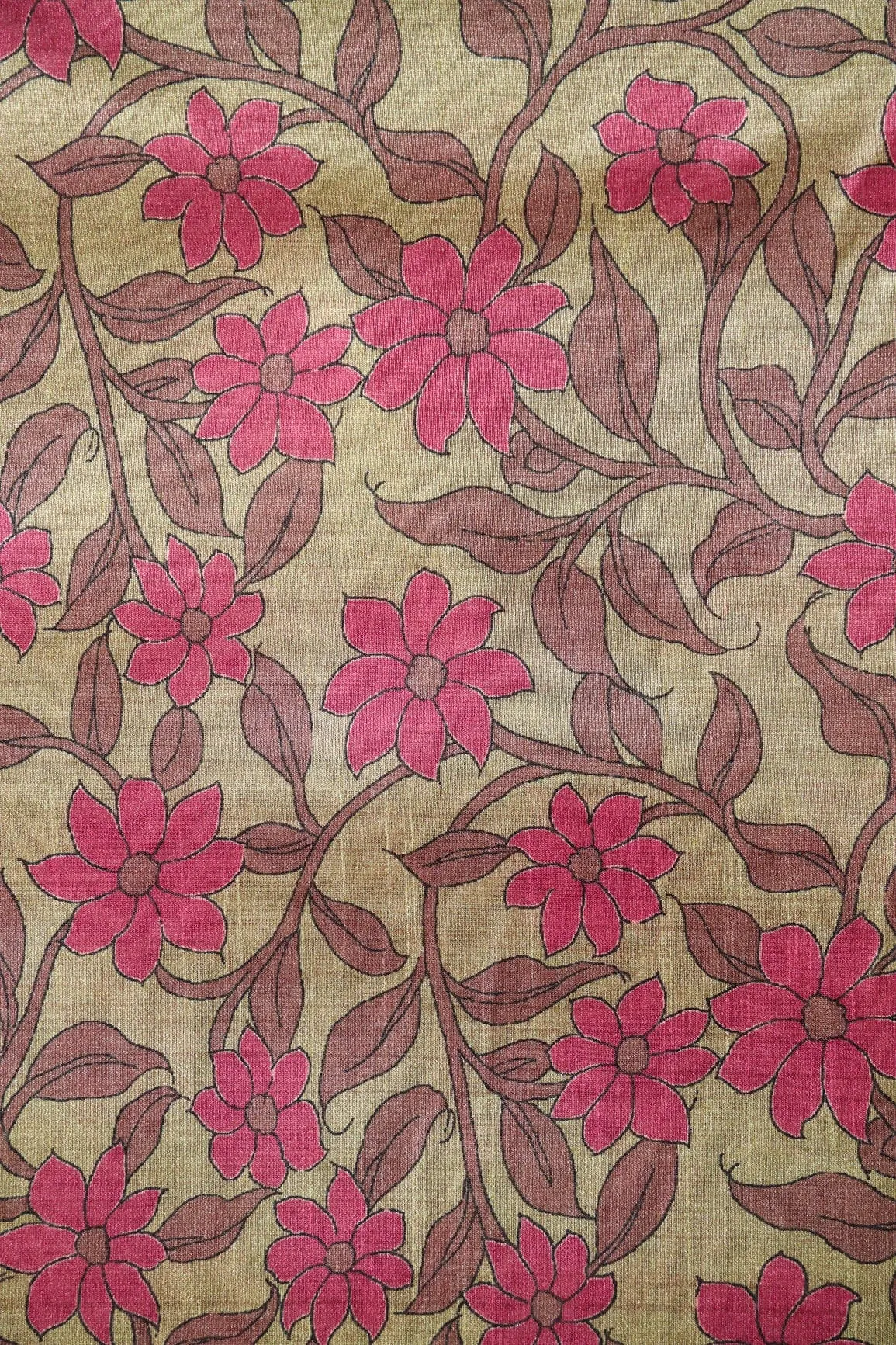 Dark Olive Floral Pattern Digital Print On Mulberry Silk Fabric