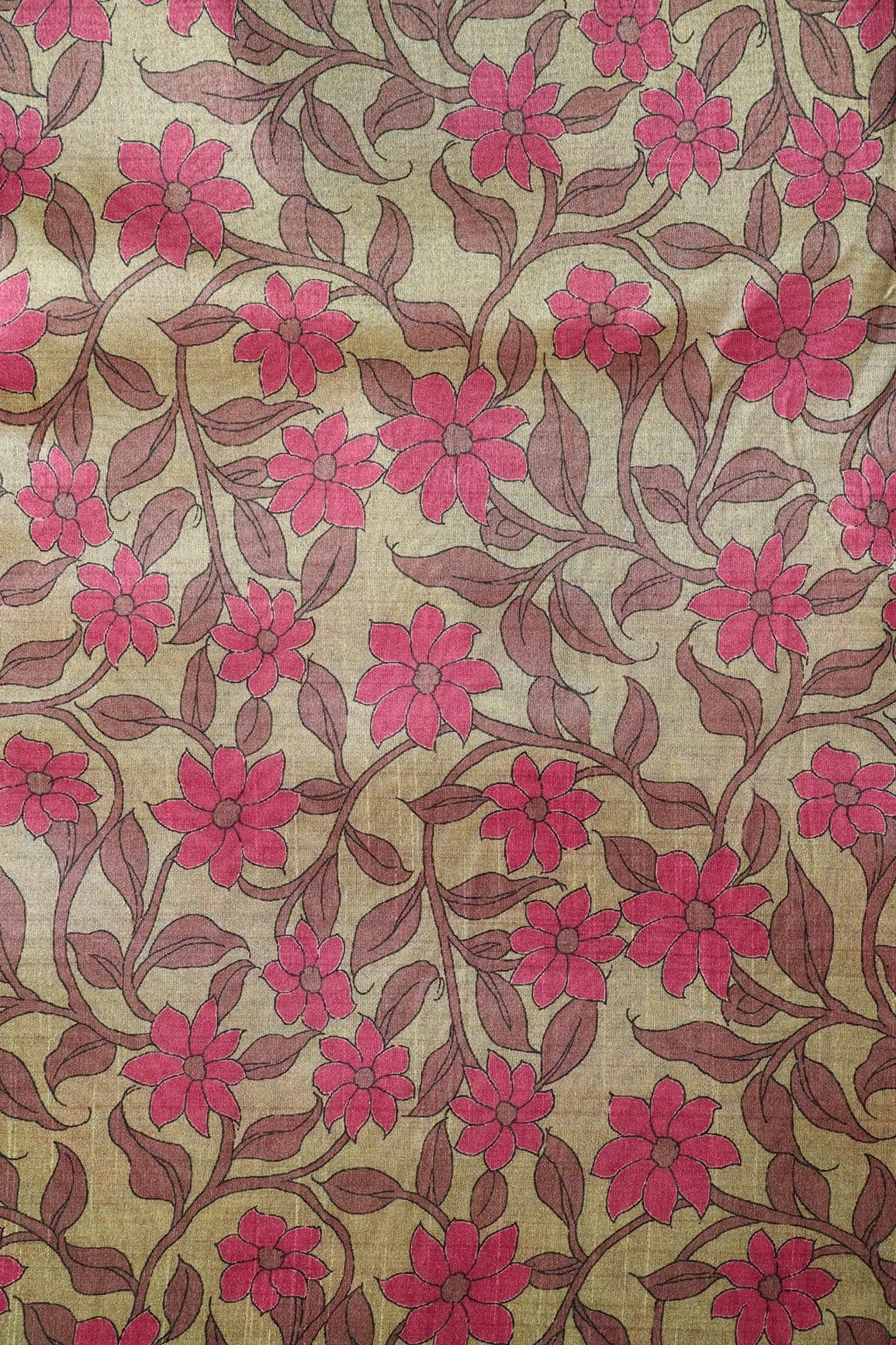 Dark Olive Floral Pattern Digital Print On Mulberry Silk Fabric