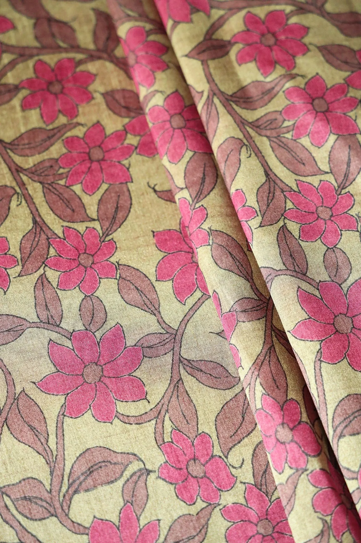 Dark Olive Floral Pattern Digital Print On Mulberry Silk Fabric