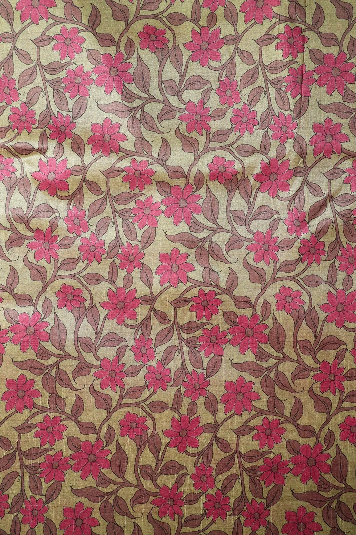 Dark Olive Floral Pattern Digital Print On Mulberry Silk Fabric