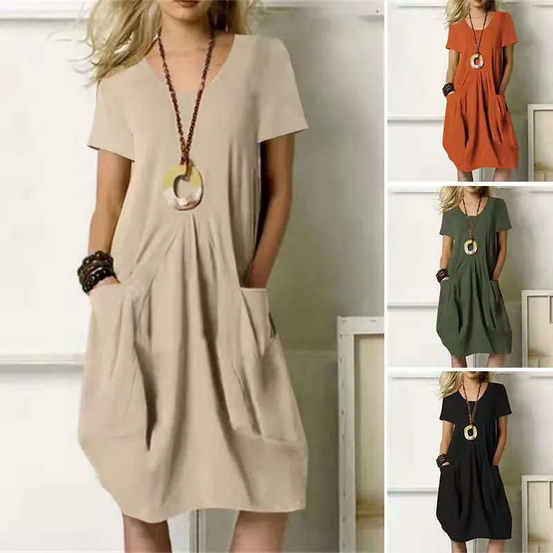 Dress With Pockets Cotton Linen Solid Color Loose Round Neck Short Sleeve