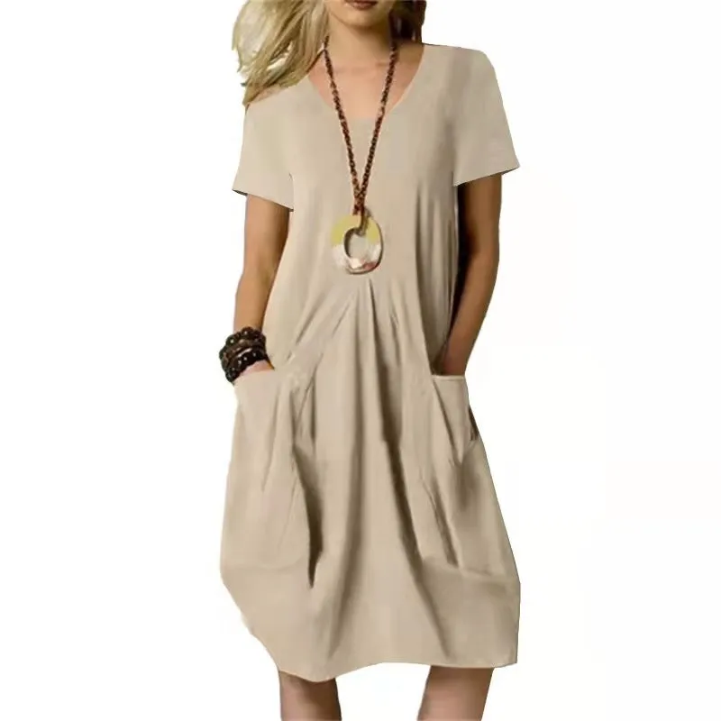 Dress With Pockets Cotton Linen Solid Color Loose Round Neck Short Sleeve