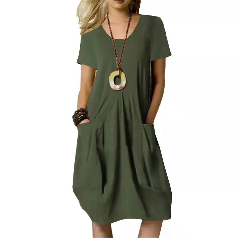 Dress With Pockets Cotton Linen Solid Color Loose Round Neck Short Sleeve