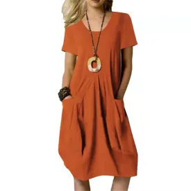 Dress With Pockets Cotton Linen Solid Color Loose Round Neck Short Sleeve