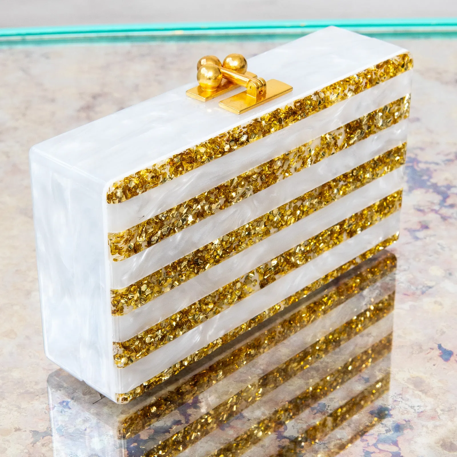 Edie Parker White And Gold Acrylic Clutch Bag