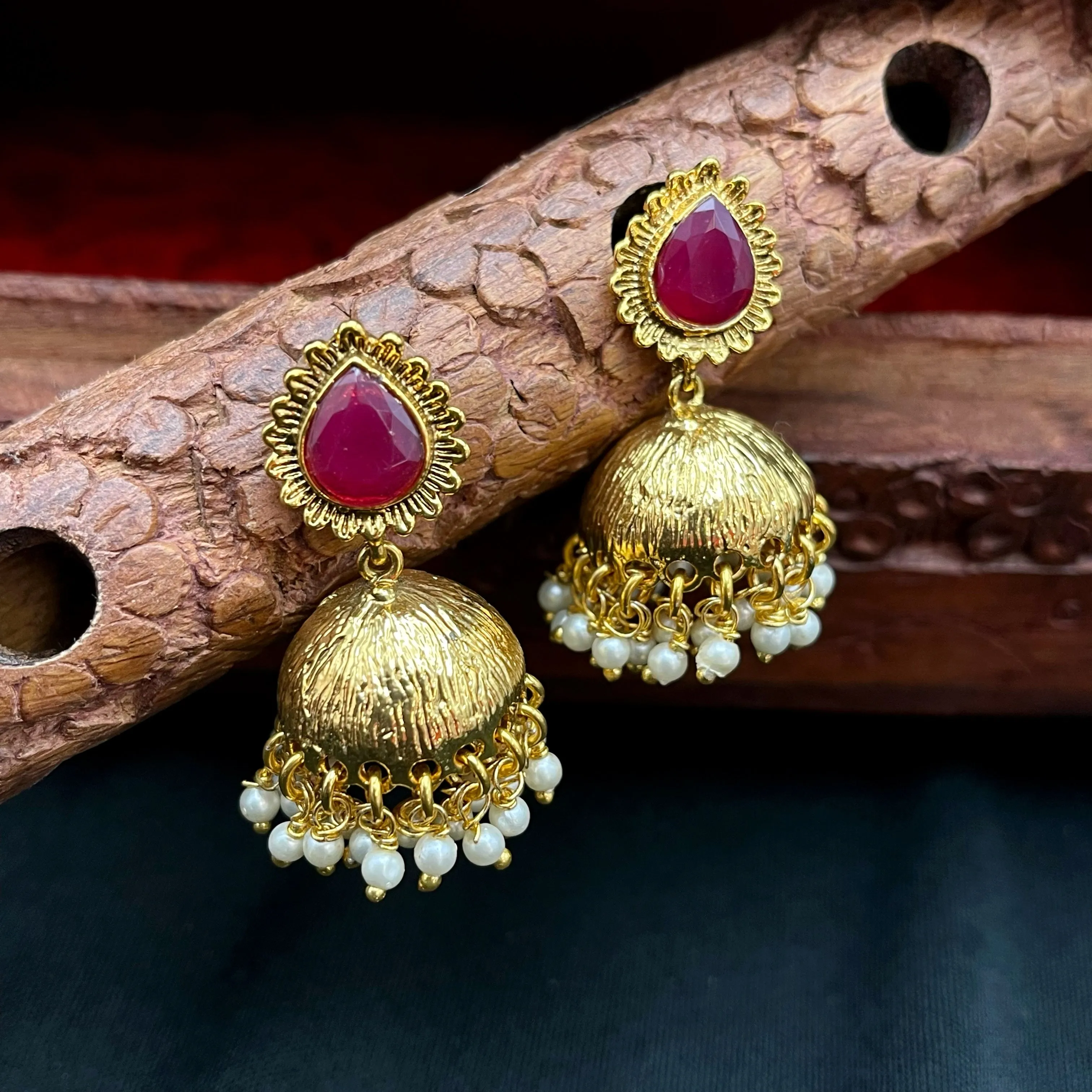 Elegant Antique Gold Ruby Red Jhumka Earrings