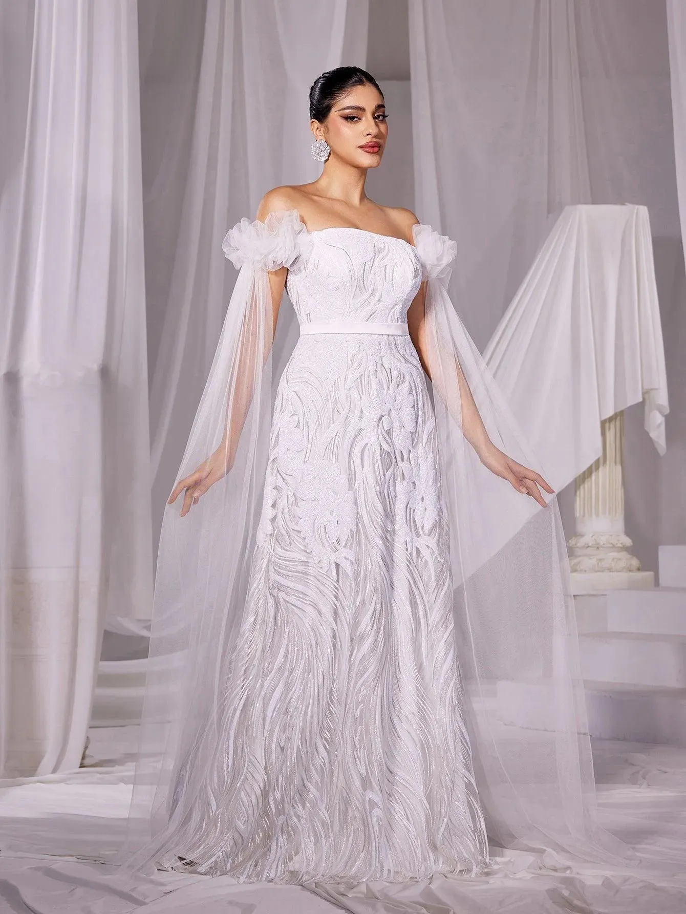 Elegant Off Shoulder Cloak Sleeves Wedding Dress