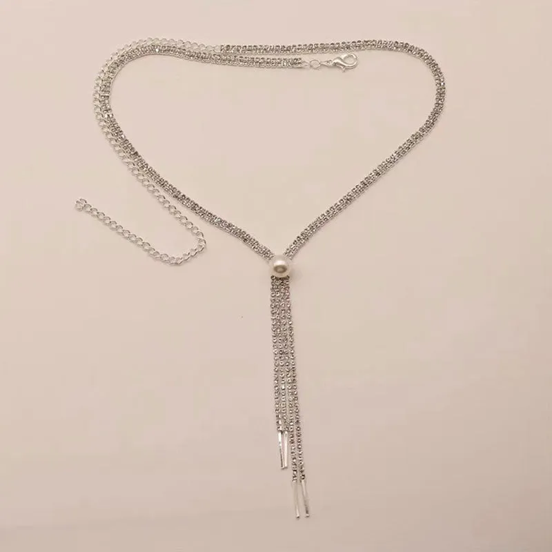 Elegant Pearl Detail Rhinestone Embellished Tassel Lariat Necklace - Silver