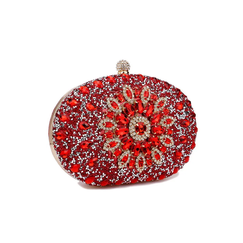 Extravagant Floral Crystal Embellished Metal Handle Oval Evening Clutch Bag