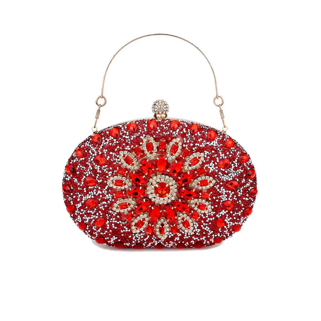 Extravagant Floral Crystal Embellished Metal Handle Oval Evening Clutch Bag