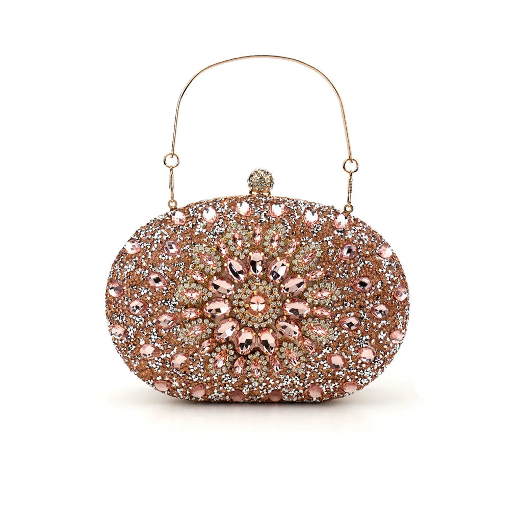 Extravagant Floral Crystal Embellished Metal Handle Oval Evening Clutch Bag