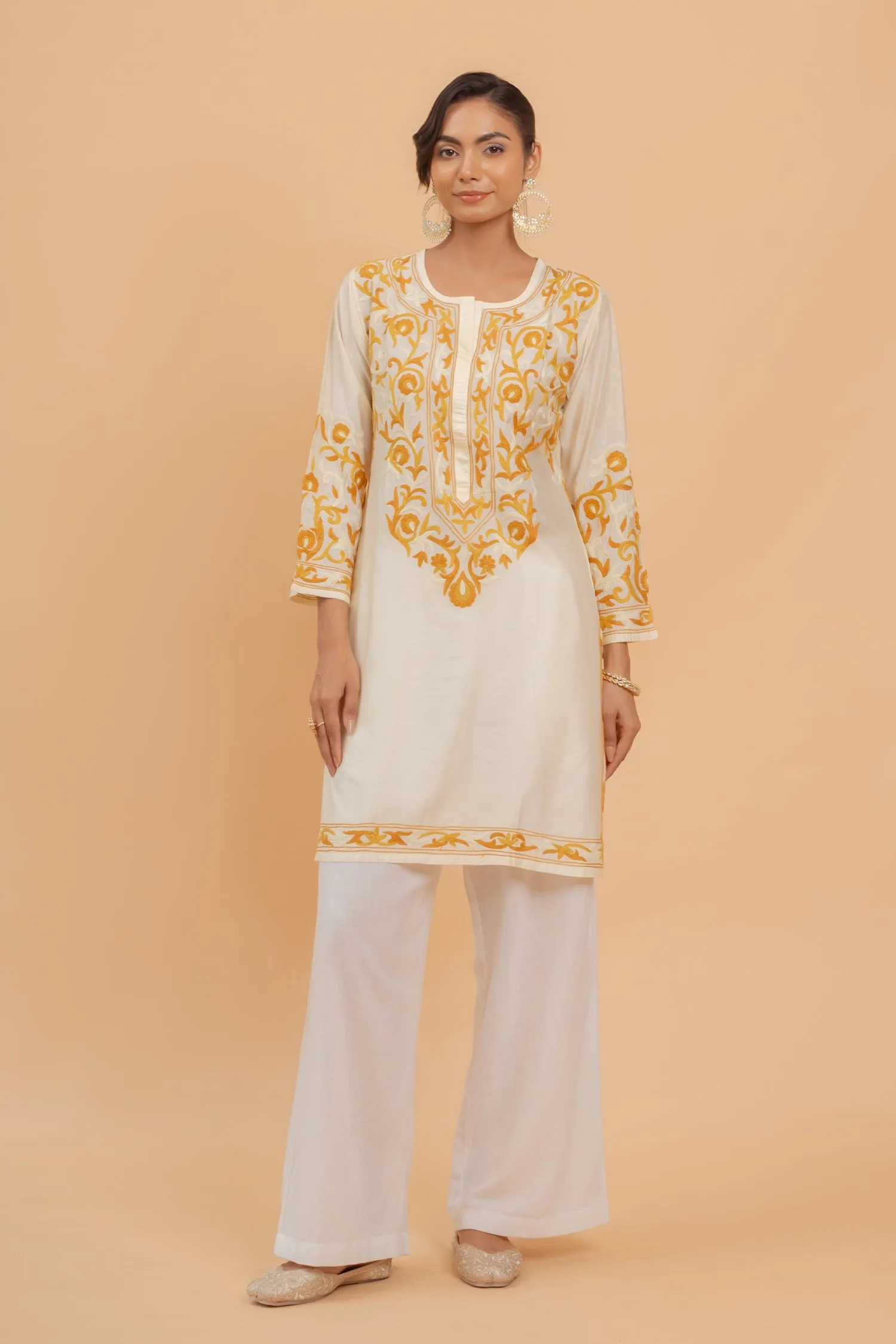 Falak Kashmiri Long Kurta In Chanderi Silk With Yellow Embroidery