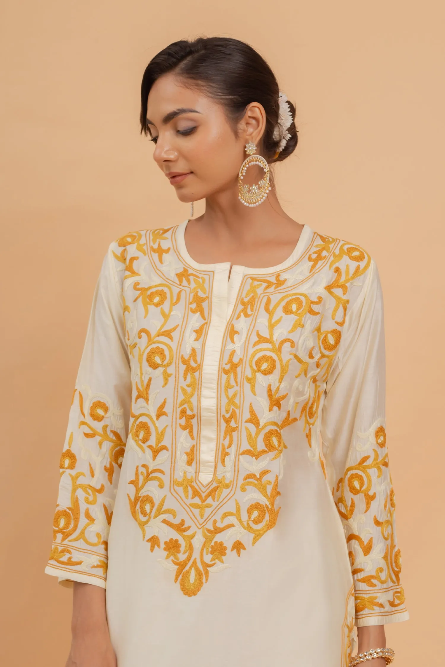 Falak Kashmiri Long Kurta In Chanderi Silk With Yellow Embroidery