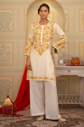 Falak Kashmiri Long Kurta In Chanderi Silk With Yellow Embroidery