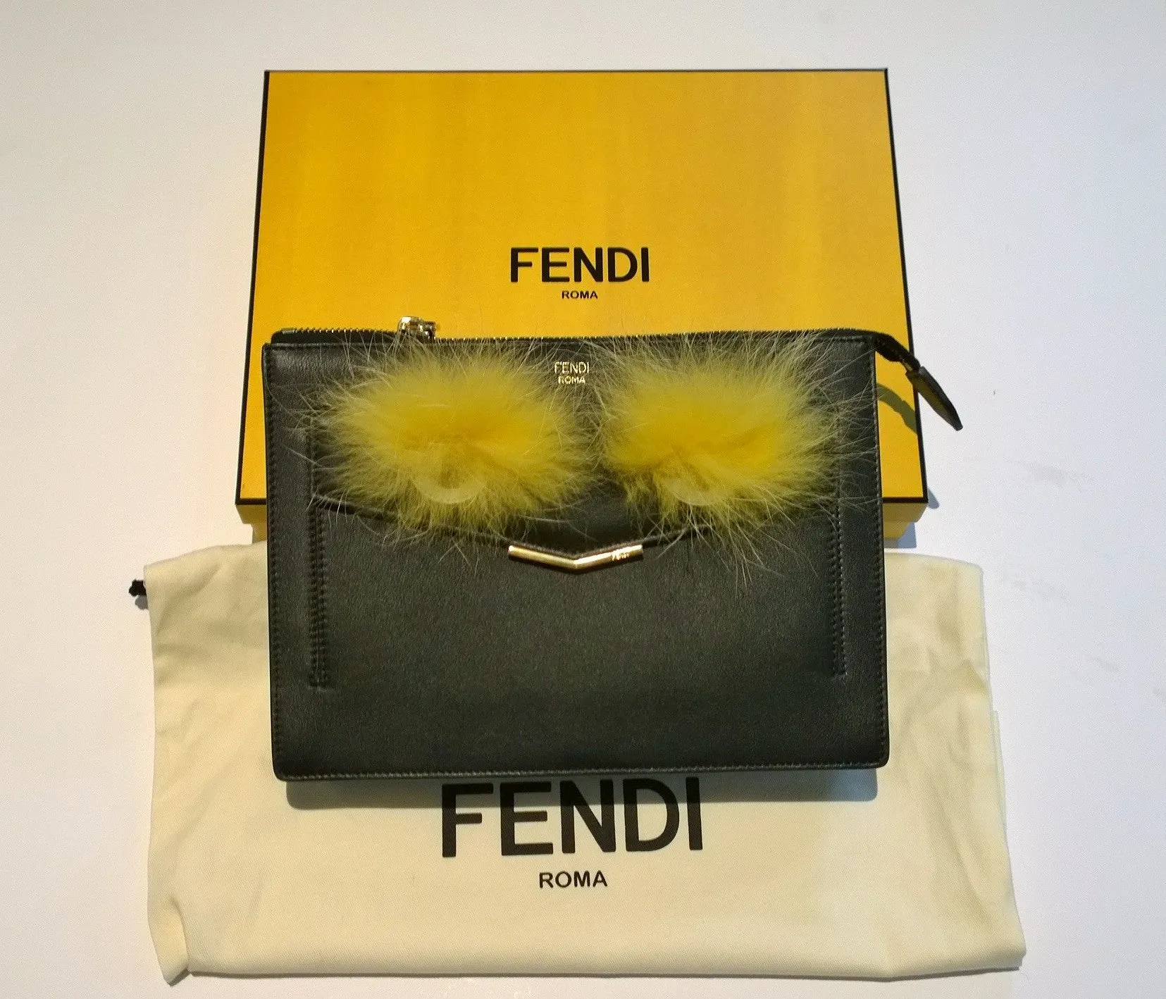 Fendi Monster Black Leather Clutch Crossbody Bag Fur Eyes Handbag