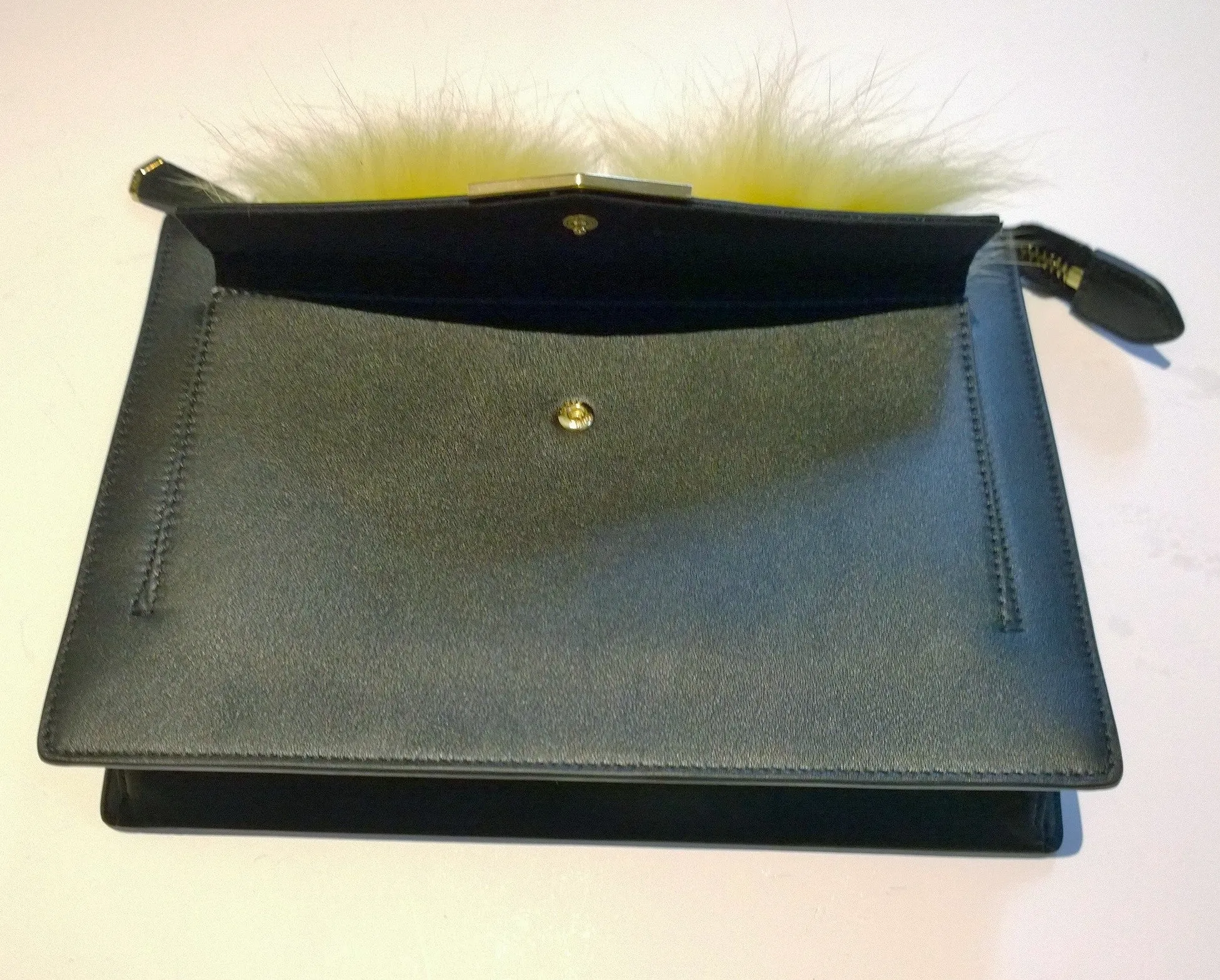 Fendi Monster Black Leather Clutch Crossbody Bag Fur Eyes Handbag