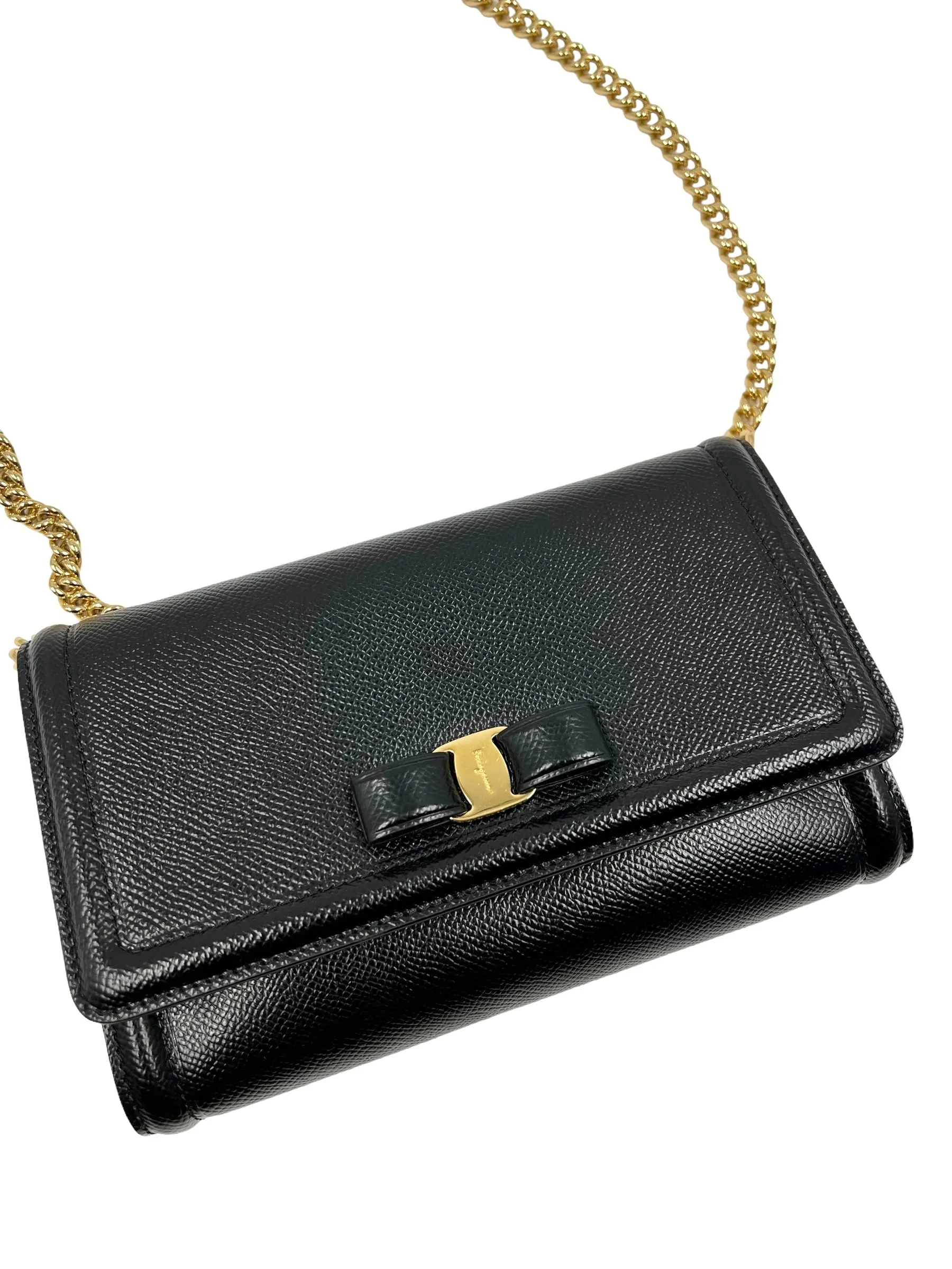 Ferragamo Black Leather Chain Vara Bow Mini Bag