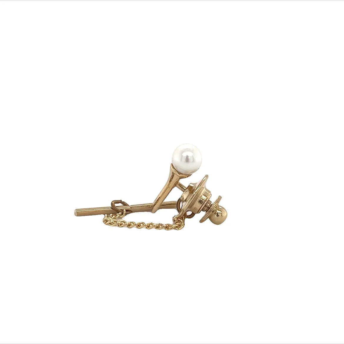 Golf Pin Tie Tack with a 6mm White Pearl in 14K Yellow Gold