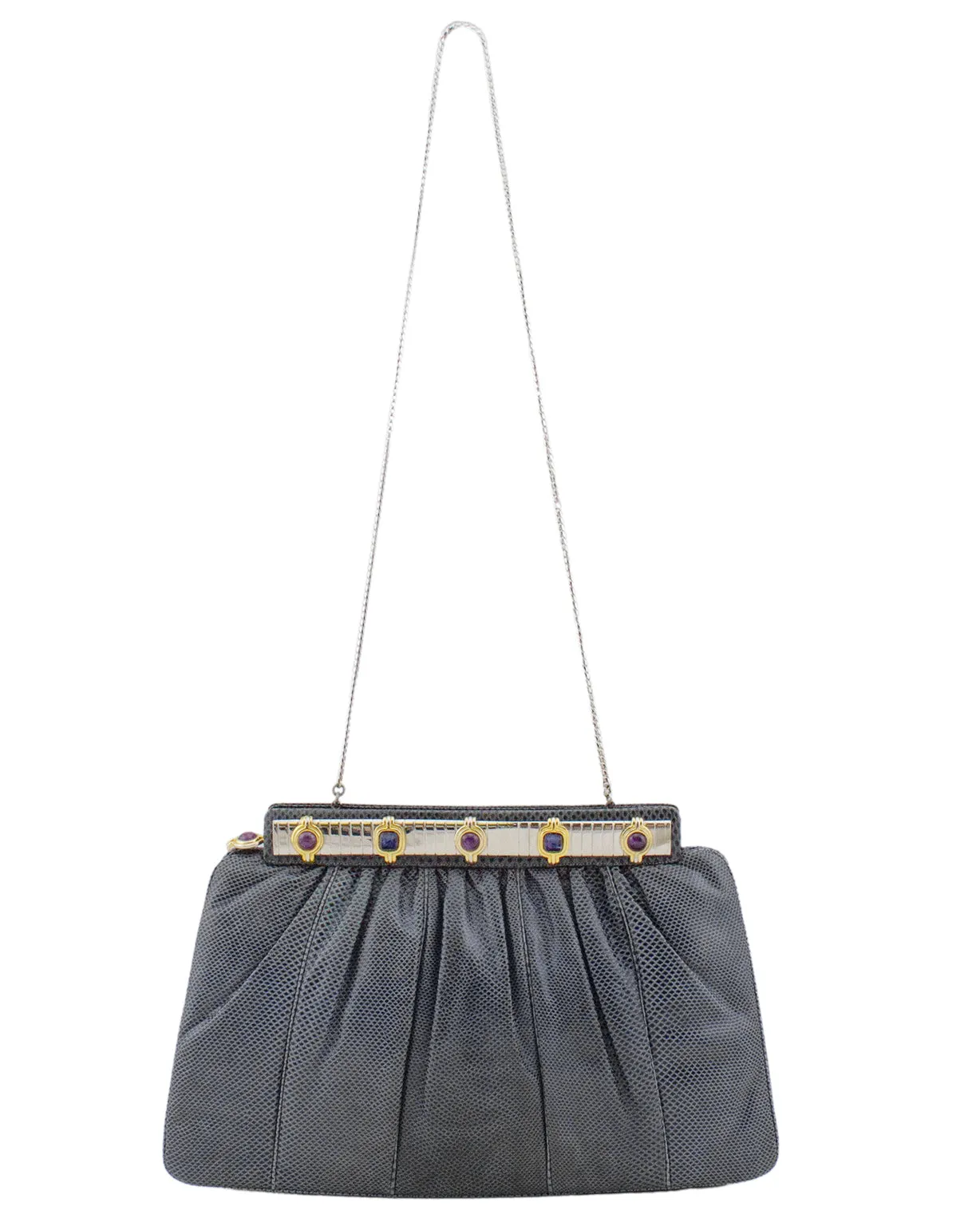 Grey Patterned Leather Clutch with Art Deco Details