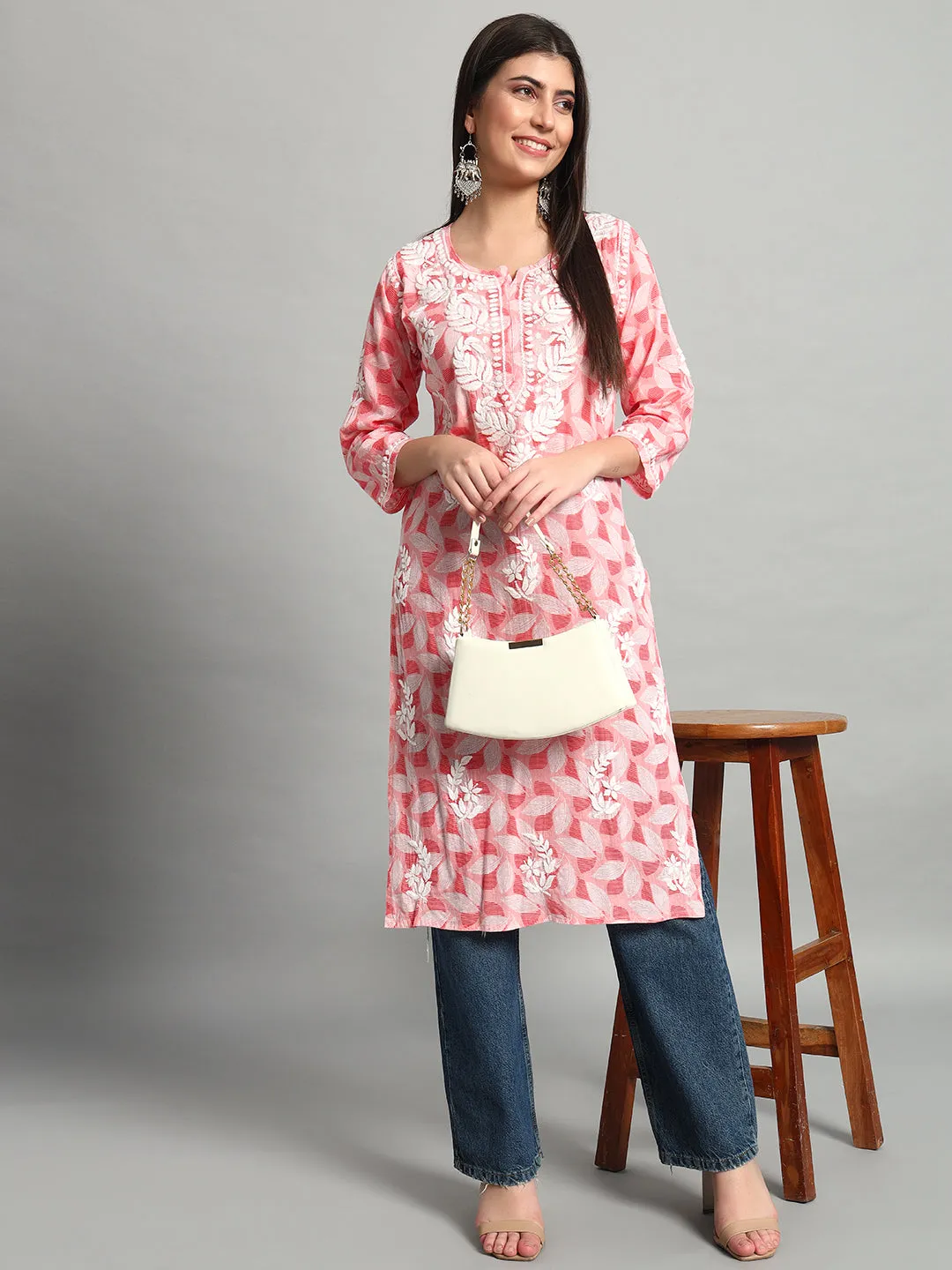 Handikraft Chikankari Kurta for Women Cotton Printed & Embroidered Straight Kurti Pink