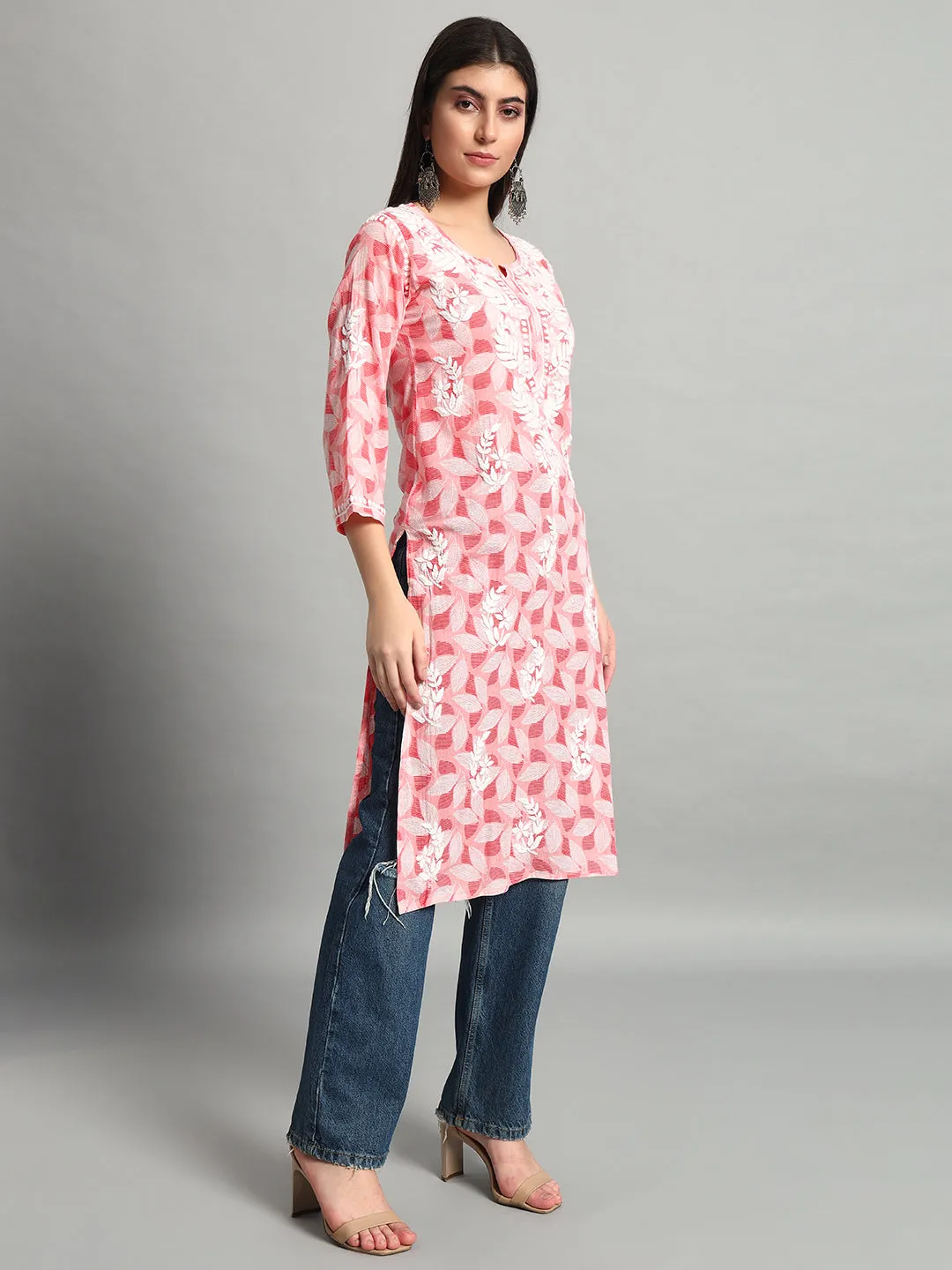 Handikraft Chikankari Kurta for Women Cotton Printed & Embroidered Straight Kurti Pink