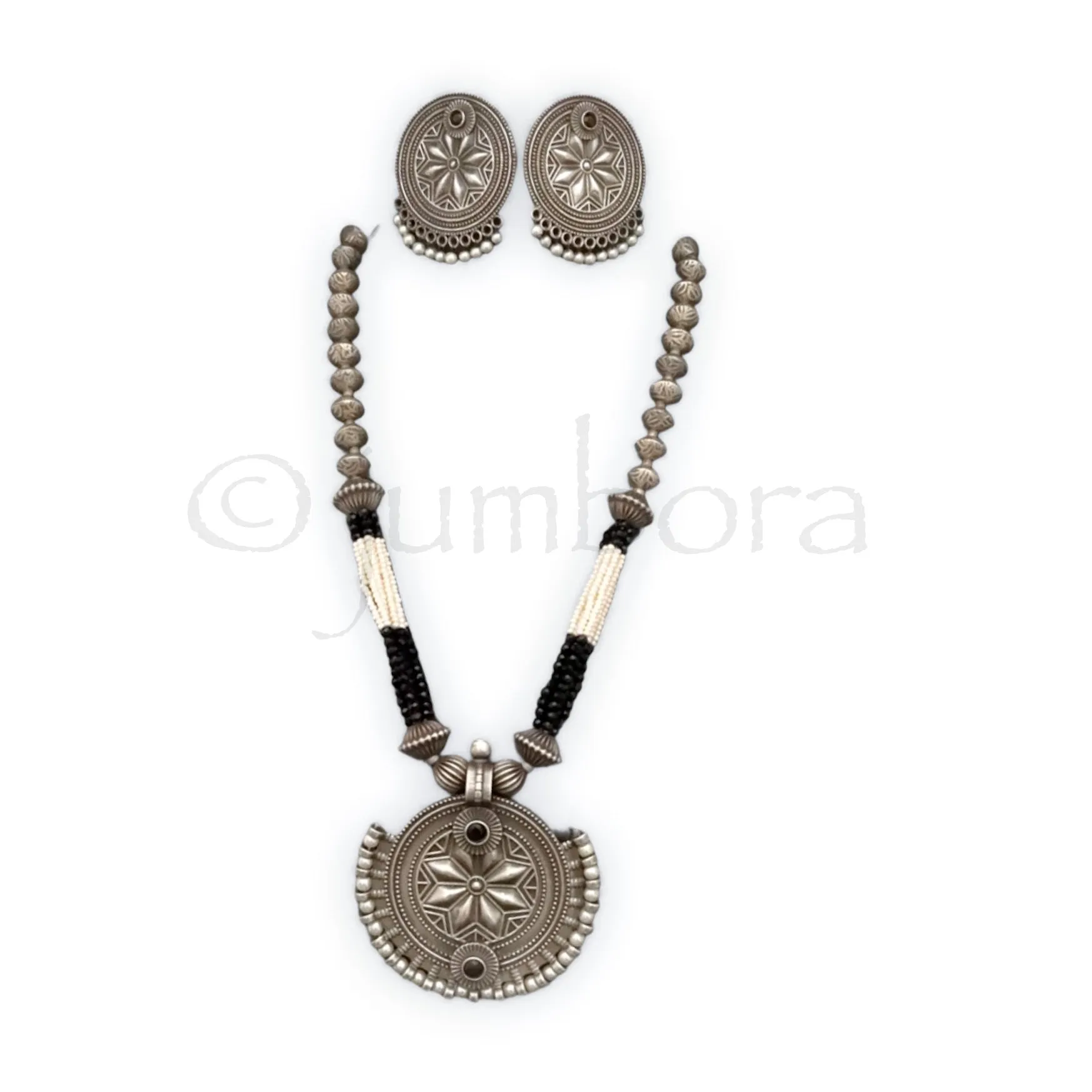 Handmade Oxidized German Silver Black Pearl Mala with Stud