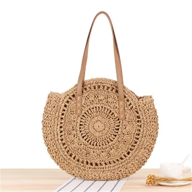 Handmade Woven Summer Beach Round Straw Bags for Women