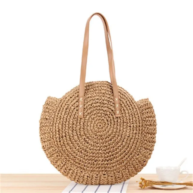 Handmade Woven Summer Beach Round Straw Bags for Women