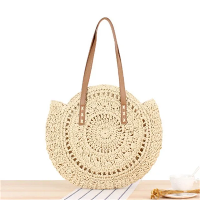 Handmade Woven Summer Beach Round Straw Bags for Women