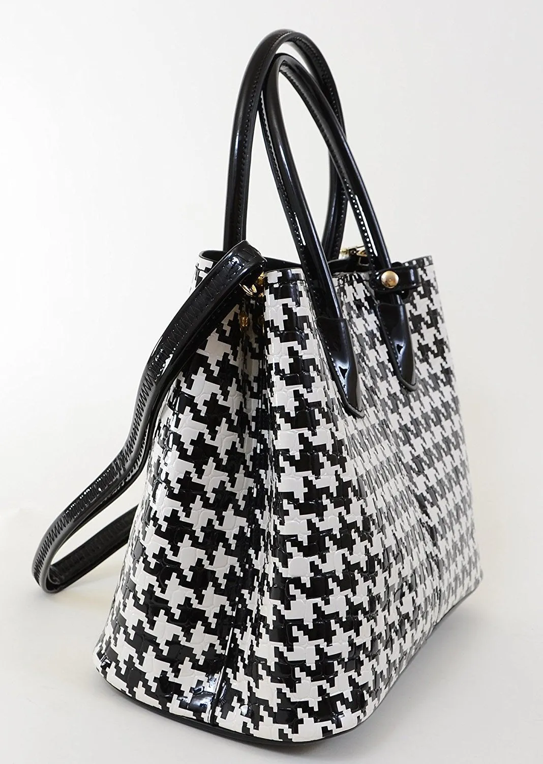 Houndstooth Top Handle Day Satchel Tote Handbag Vegan Women's