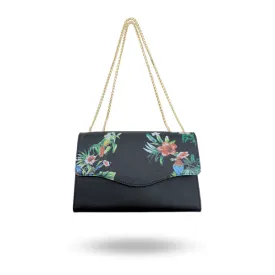 IVANHOE - Addison Road Black Leather Evening Clutch Bag with Tropical Print