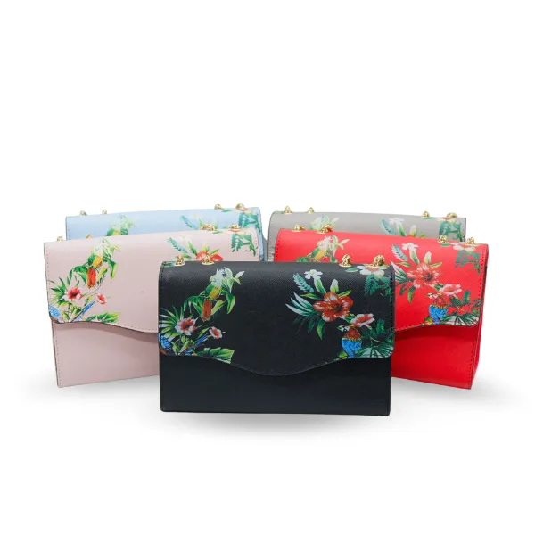 IVANHOE - Addison Road Black Leather Evening Clutch Bag with Tropical Print