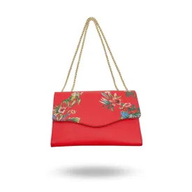 IVANHOE - Addison Road Red Leather Evening Clutch Bag with Tropical Print