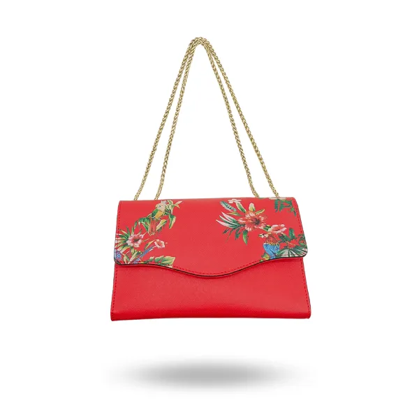 IVANHOE - Addison Road Red Leather Evening Clutch Bag with Tropical Print