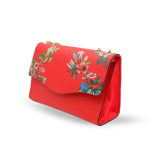 IVANHOE - Addison Road Red Leather Evening Clutch Bag with Tropical Print